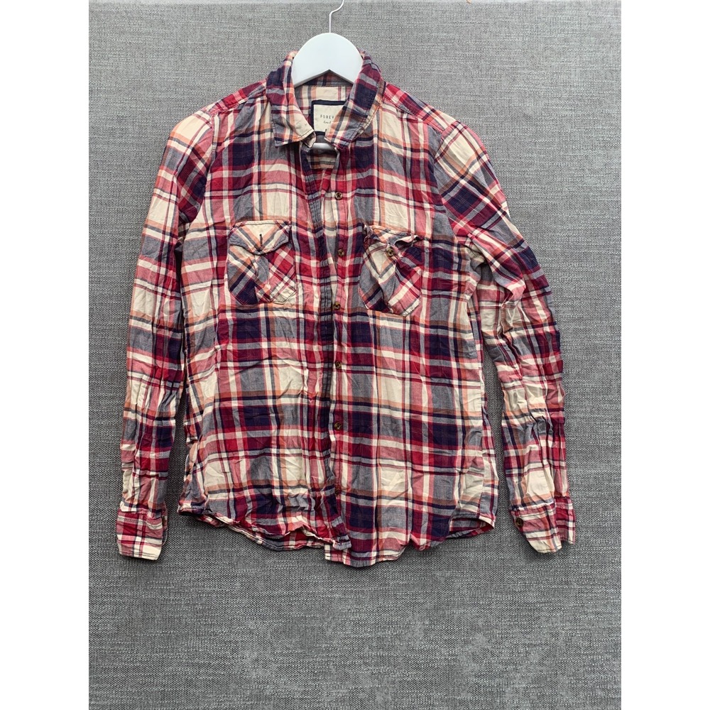 Forever 21 Flannel Shirt Womens Medium Red Plaid Long Sleeve Casual Button Up